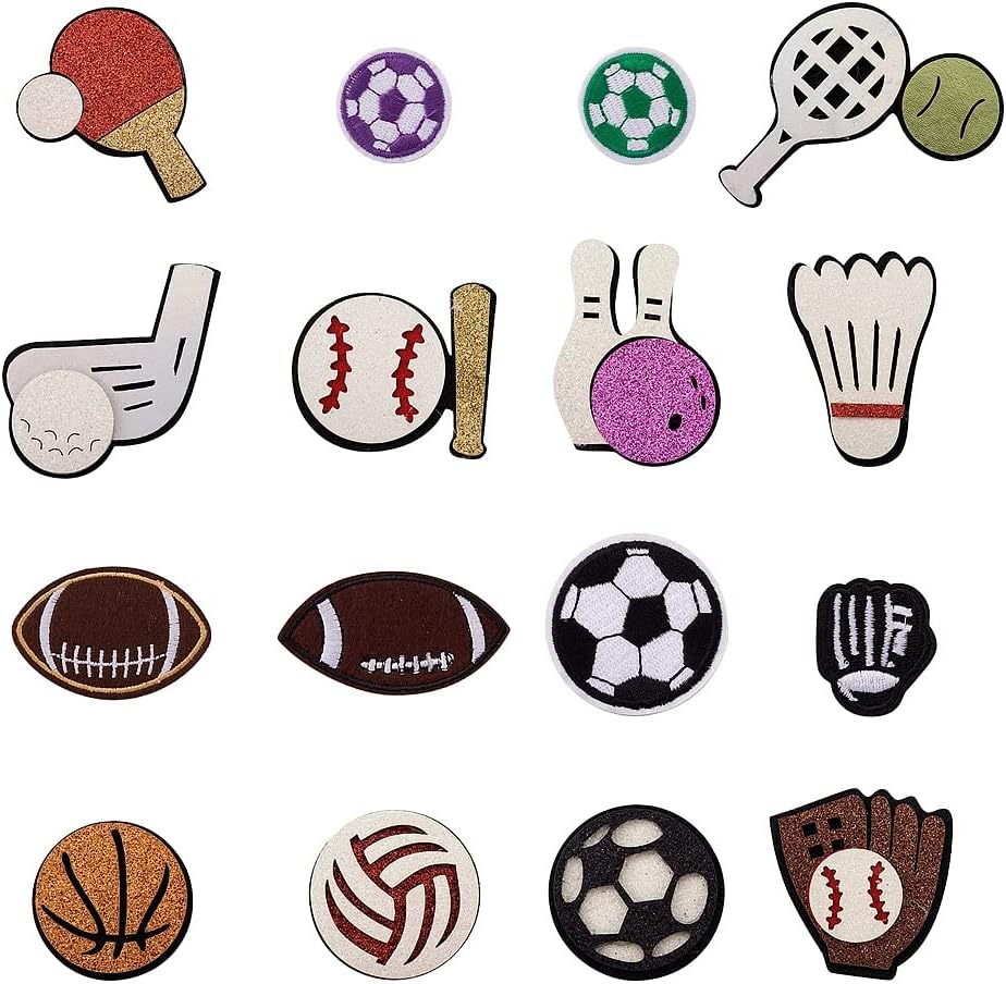 Cheriswelry 64Pcs Sports Goods Embroidery Patches for Clothing Football Rugby Iron on Patches Accessories Clothes Jackets Hats Bags Applique Sticker 31-73mm 16 Styles for Sewing Craft Decoration