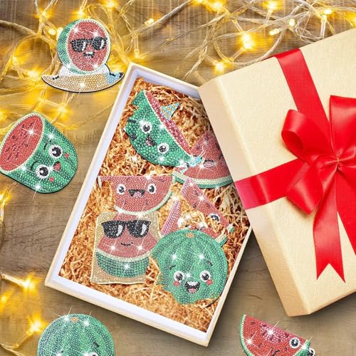 Image of 9 Pcs Watermelon Shaped Diamond Painting Coasters Set - Irregular Shaped Diamond Art Drink Coasters with Holder, Summer Irregular Fruit Slice Drink Coasters for Table Decor Coffee Tea Cup