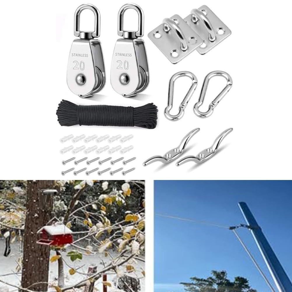 Juego de poleas de acero inoxidable M20 304 con poleas giratorias dobles, capacidad de carga de 150 kg, sistema de gancho para proyectos de elevación de taller de jardín