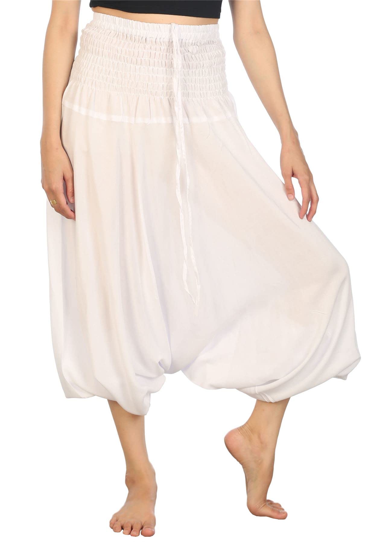 Lofbaz Women's Solid Smocked Waist 2 in 1 Harem Jumpsuit Pants White 4XL