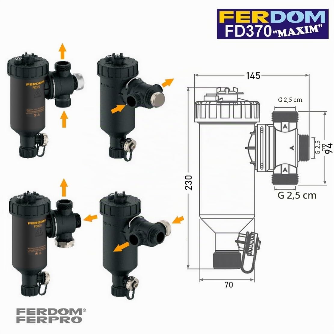 FERDOM FD370 1" (DN25) Filtro Magnetico/Idrociclone Per Impianti Di Riscaldamento. Magnete 11000Gs. Separatore Di Particelle Non Magnetiche-Acciaio Inox 1000µm. Max.50kW. 3 Connessioni/Rotazione 360°