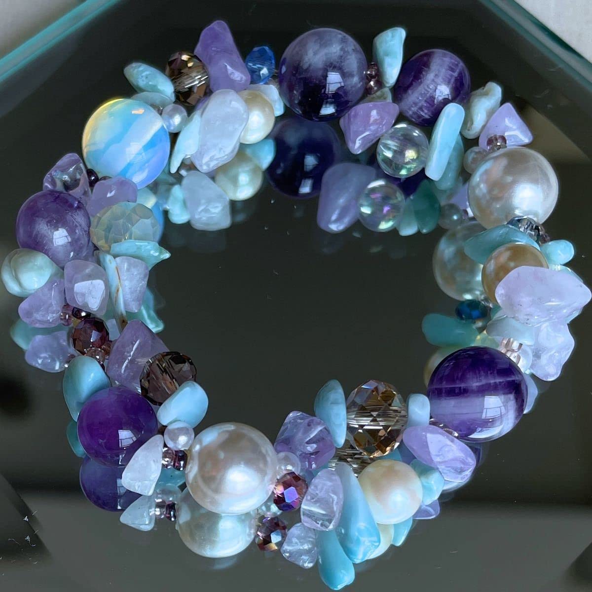 特別価格 handmade アメジスト ラリマー 天然石 ハート ブレスレット