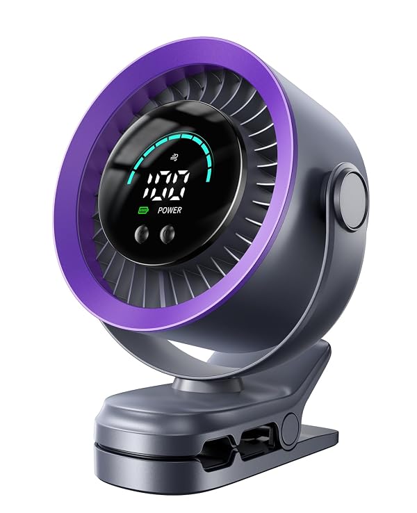 KIMMOO Portable Clip on Fan, 100-Speed Rechargeable Fan with LED Display, 360° Rotation & Strong Airflow, Up to 17 Hours Battery Life for Outdoor Travel Treadmill Car, Purple by KIMMOO - Used condition - CA$24.11