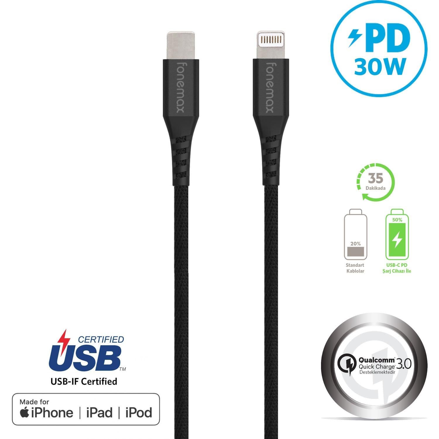 Fonemax Ultra Toughness USB-C to Lightning USB Şarj ve Data Kablosu