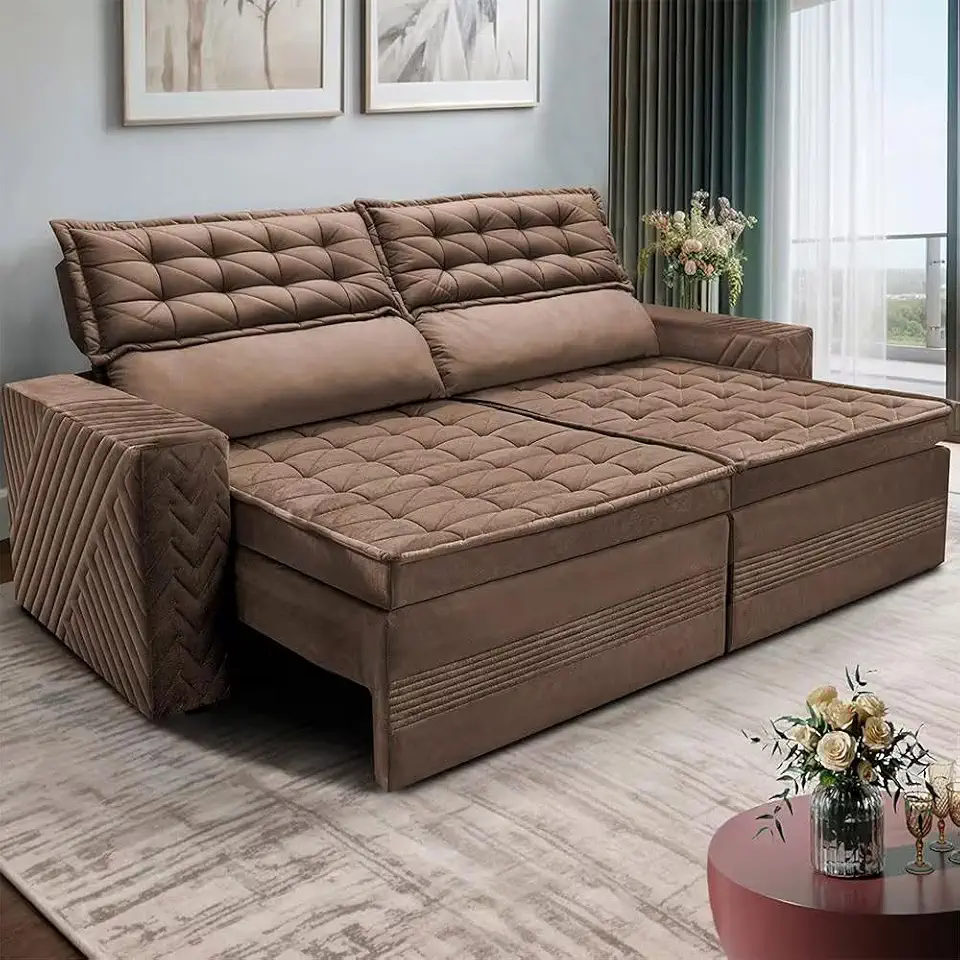 Cama inBox Sofá 4 Lugares Cielo com Assento Retrátil, Encosto Reclinável em Suede Velusoft, Castor, 230cm Largura, 110kg por Pessoa