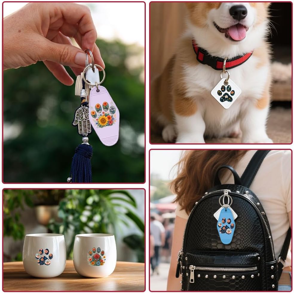 120 Pcs Floral Paw Motel Keychain Stickers, 10 Sheets Multi-Colour Dog Paw UV DTF Transfer Stickers Waterproof Rub on Transfer Sticker for Glass Cups Furniture Decorations