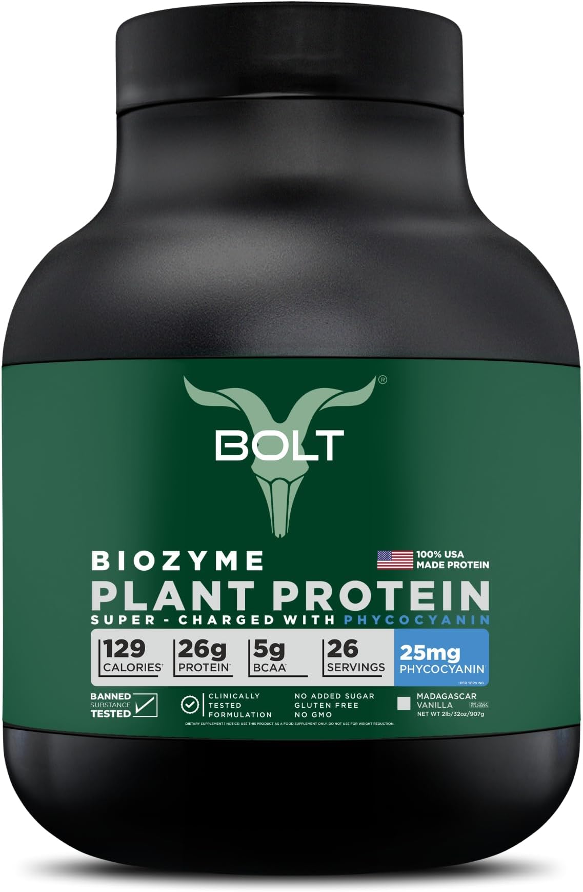 Biozyme Plant Protein | Vegan Protein with Superfood PHYCOCYANIN and Ayurvedic Herbs | Complete Amino Acid Profile for muscle Support and Recovery | 2Lb/32oz, 26 Servings | Madagascar Vanilla