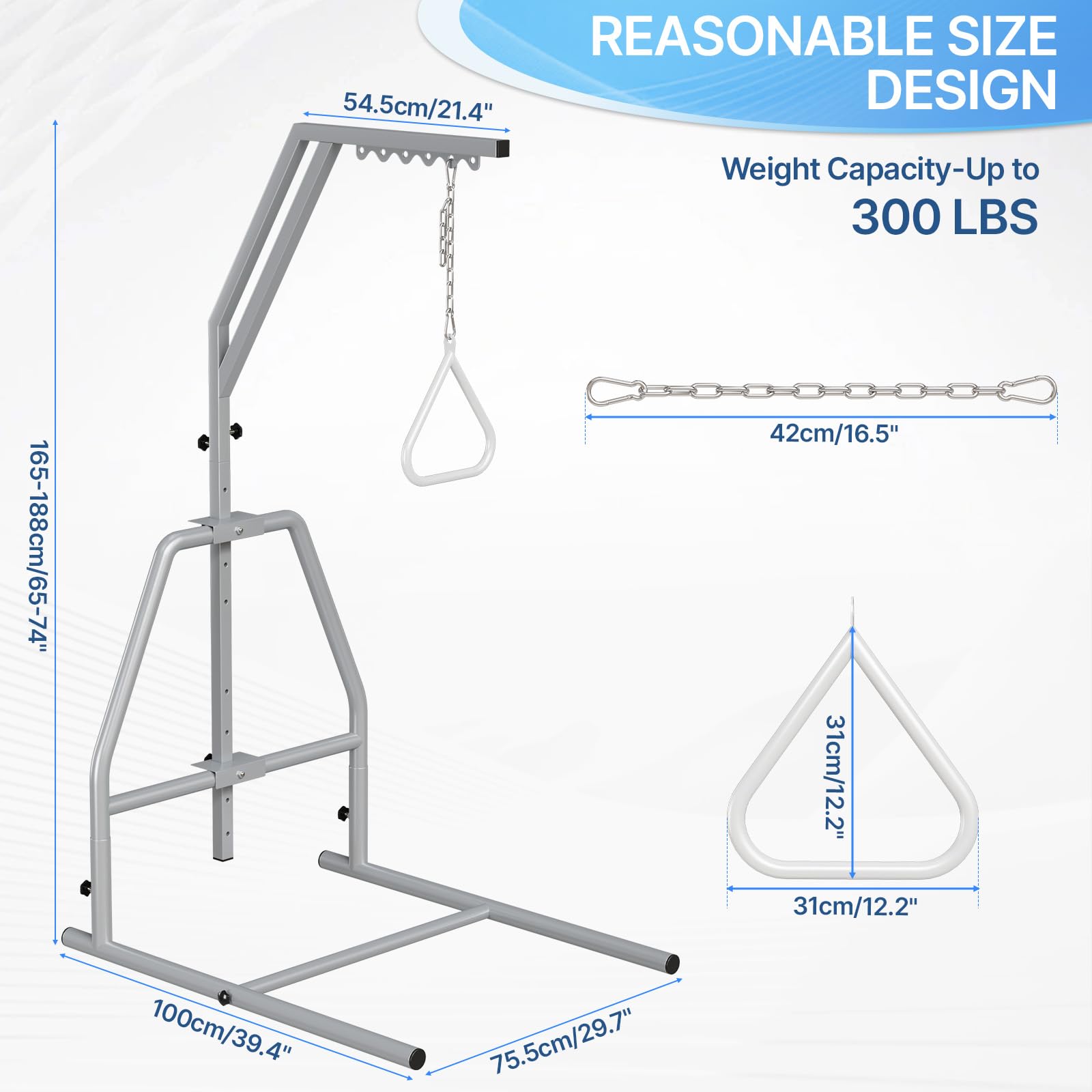Barra trapezio per mobilità del letto con palo di assistenza regolabile - 165,1-188 cm, capacità 300 libbre, maniglia autoportante per anziani, uso domestico e ospedaliero