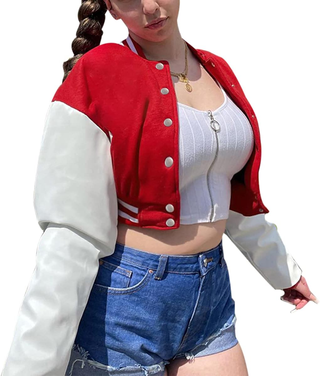 qfmqkpi Women Color block Crop Fleece Baseball Jacket Button Down Bomber Coats Sweatshirt - Image 4