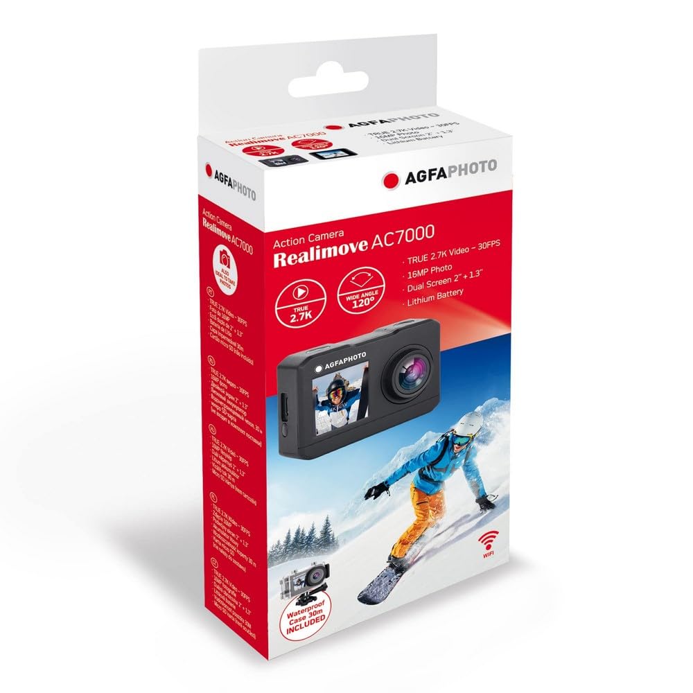 AgfaPhoto - Cámara Deportiva - AC7000 - True 2.7K 30FPS, Doble Pantalla Táctil, Gran Angular 120°, Carcasa Sumergible 30m - WiFi - 10 Accesorios Incluidos