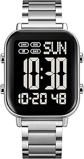FANMIS Classic Unisex Digital Sports Watches Women's Men's Multifunctional Watch Stainless Steel Band Square Big Numbers Dial Waterproof Electronic Led Watch
