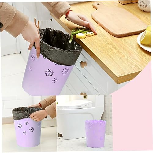 Miniatura 4 de Papelera de plástico, papelera de plástico con flores y encaje, cesta de basura redonda hueco para dormitorio, baño, cocina, oficina (moradoS)