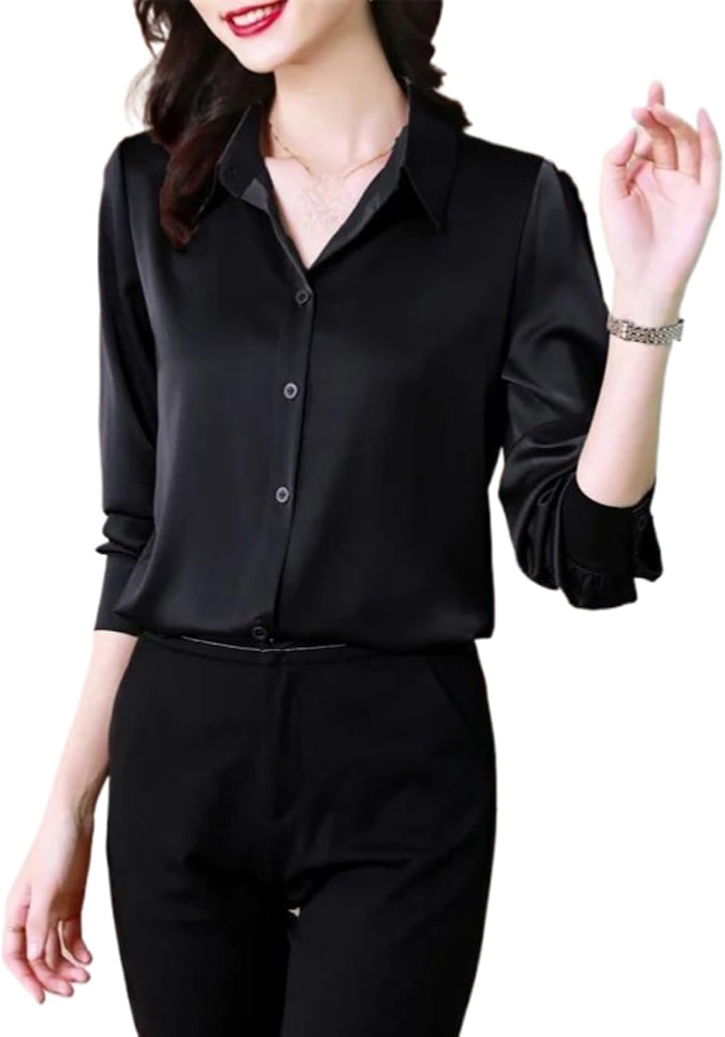 Women's Satin Blouse Vintage Long Sleeve Solid Top Korean Office Lady Formal Shirt