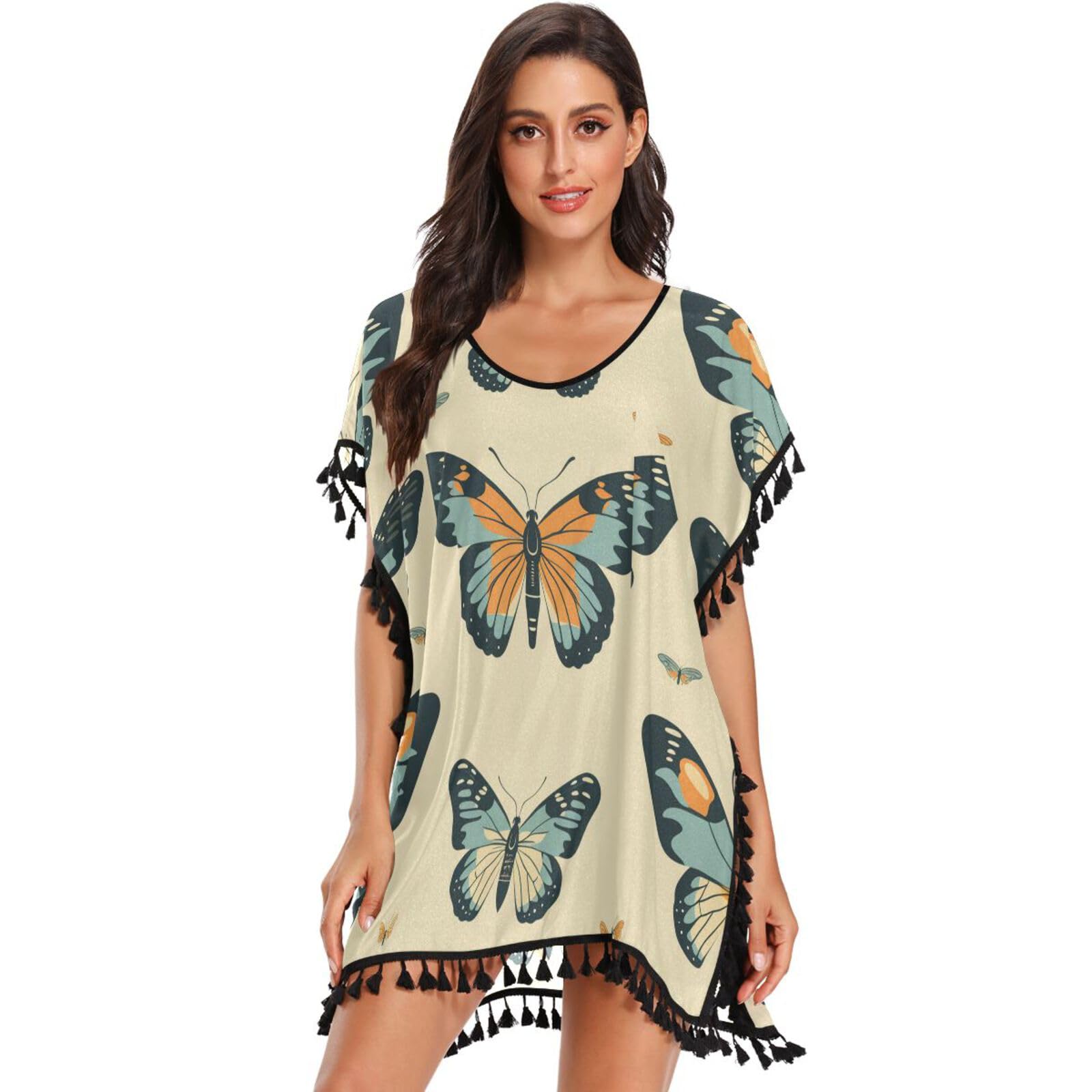 Ancient Butterfly Art Women's Beach Cover Up Chiffon Tassel Swimwear Swimsuit Coverups for Girl