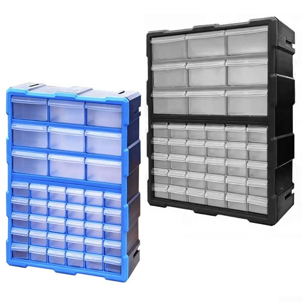 Caja de almacenamiento de plástico con 39 cajones, organizador de piezas de ABS transparente para tornillos, arandelas, electrónica, oficina, hogar, taller, garaje (azul 39 cajones)