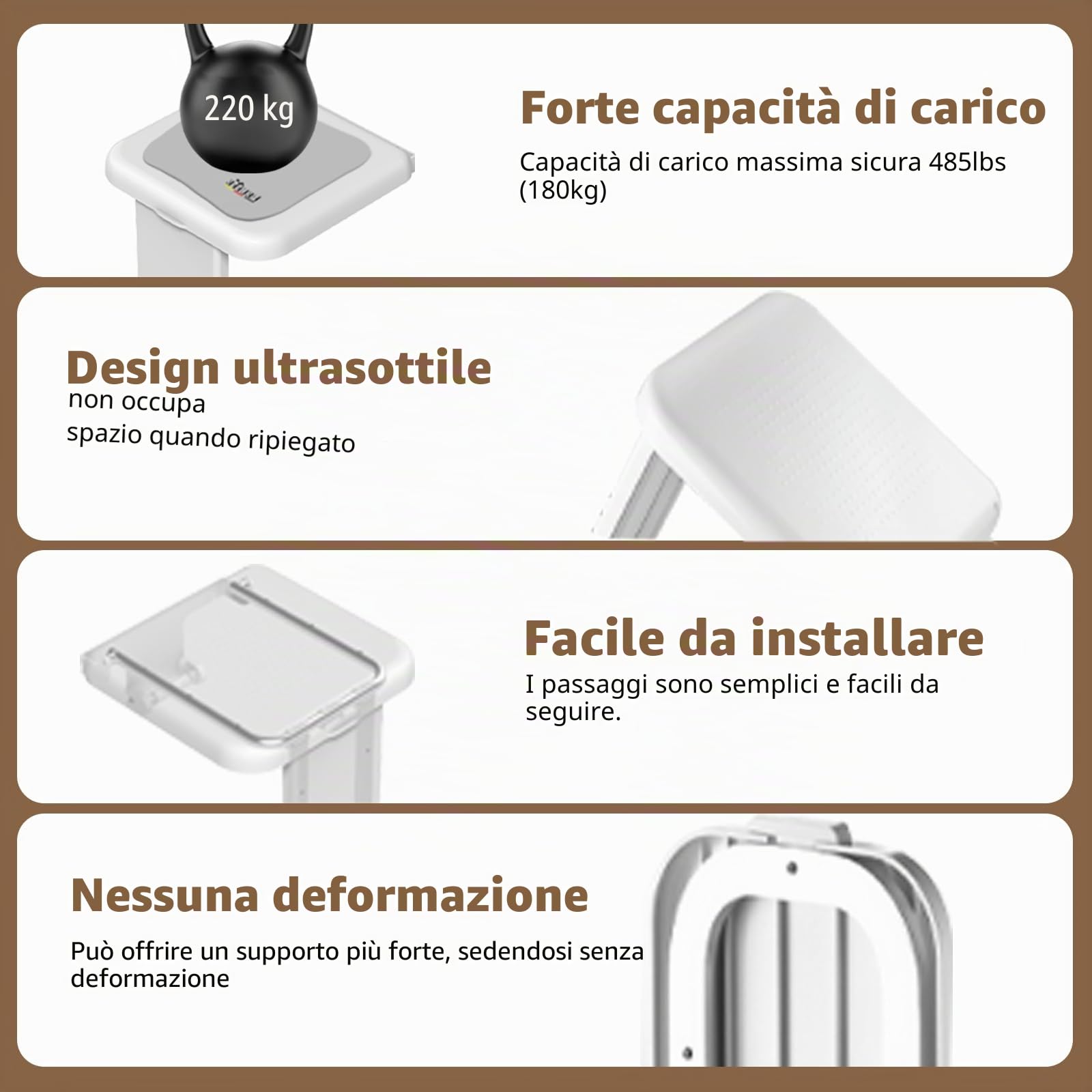 Sedile per Doccia Pieghevole a Muro con Gambo di Supporto - 200kg Portata Max Antiscivolo, ABS Bianco, Installazione Rapida per Anziani e Disabili