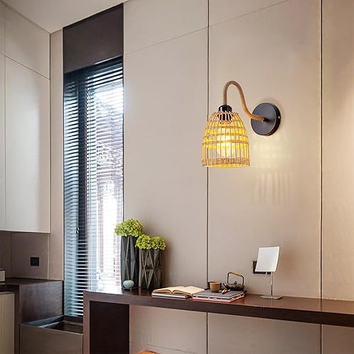 Miniatura 5 de Aplique de pared de ratán hecho a mano, lámpara de mimbre estilo granja, luz vintage, retro, negro, E26 E27, accesorio de iluminación para sala de