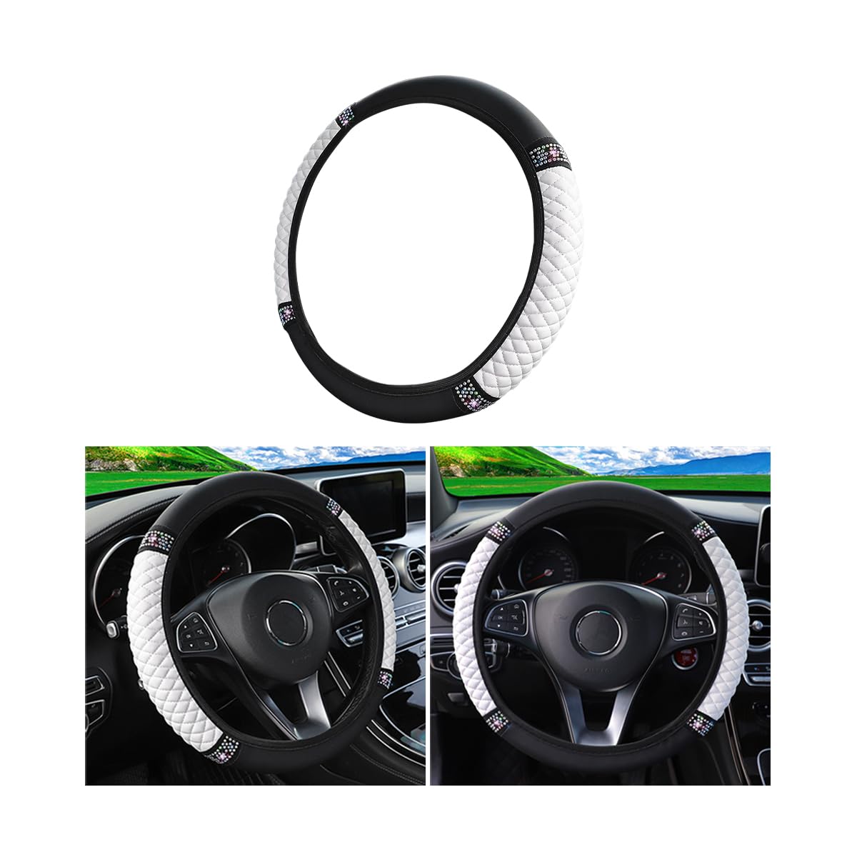 Osilly 15 Inch Rhinestone Leather Steering Wheel Cover, White