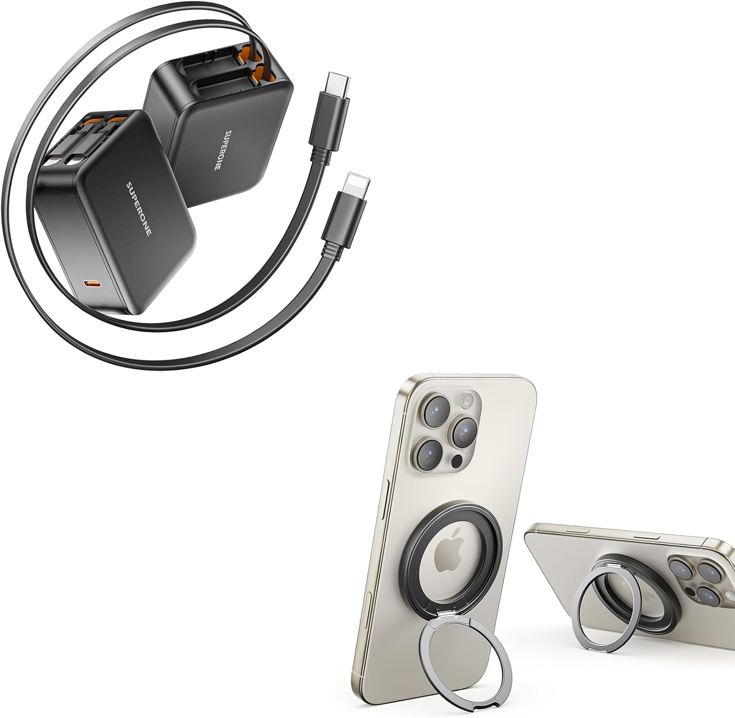 Bundle SUPERONE 62W Retractable Wall Charger with Dual Cables & Double Magnetic Ring Holder Grip