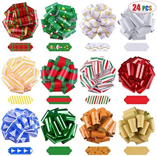24 Pieces 5'' Wrap Ribbon Pull Bows, Assorted Christmas Gift Wrapping Ribbon Accessories, Bows, Wine Bottles, Baskets, Xmas Décor Party Supplies