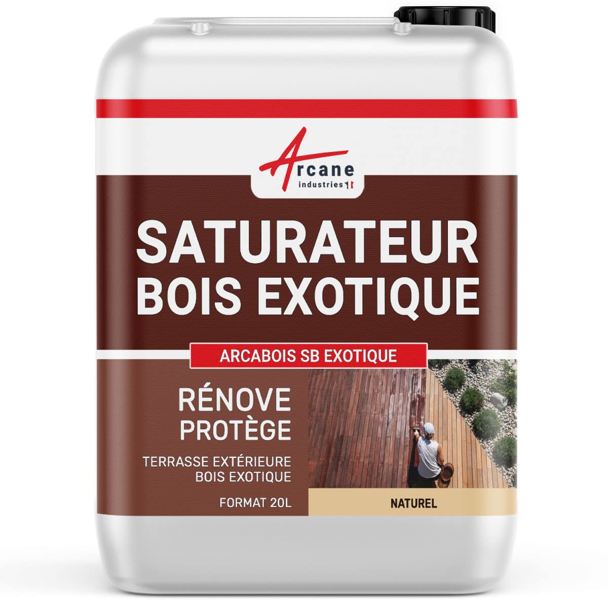 Saturateur Bois Exotique Hydrofuge Terrasse 20 L Naturel - Incolore | Hydrofuge Terrasses et Bois Exotiques, Nourrit en Profondeur, Incolore ou Teinté, Protège des Uv - Arcane Industries
