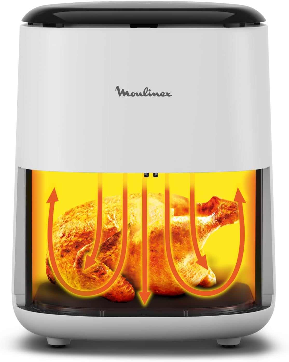 Diagram showing hot air circulation inside an air fryer with a chicken