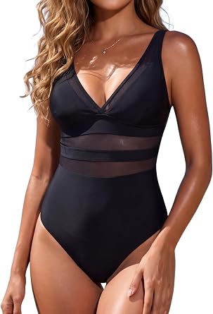 Womens V Neck One Piece Swimsuits Sexy Spliced Mesh Bathing Suits | Mesh Splicing, Wide Adjustable Shoulder Straps Swimwear, Removable Pads, Wirefree, Moderate Coverage Back, Full Lining