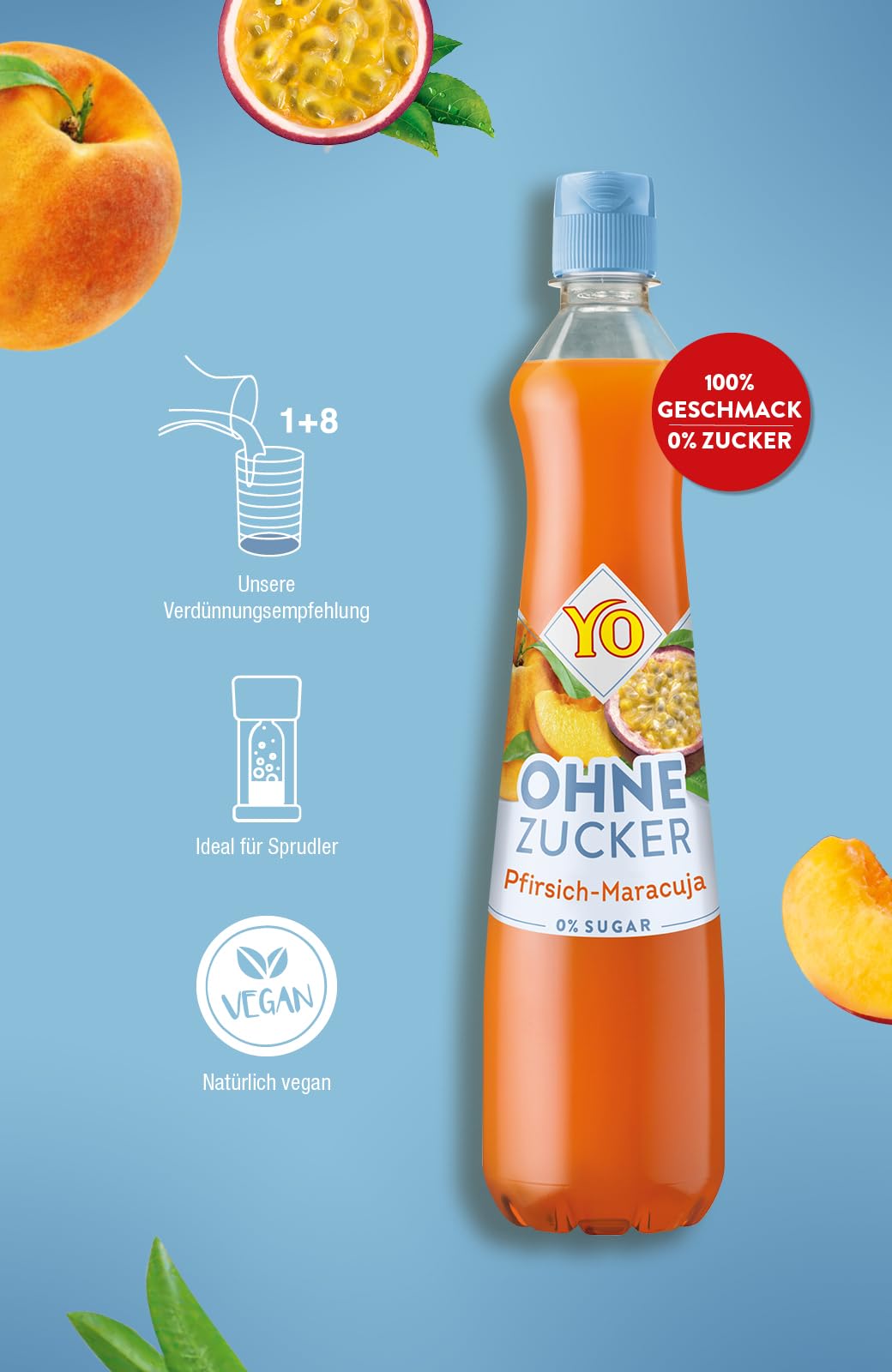 YO Sirup Pfirsich-Maracuja (6 x 700 ml) – ohne Zucker, nur 2 Kalorien in 100 ml Fertiggetränk, vegan – 1x Flasche ergibt bis zu 6 Liter Fertiggetränk