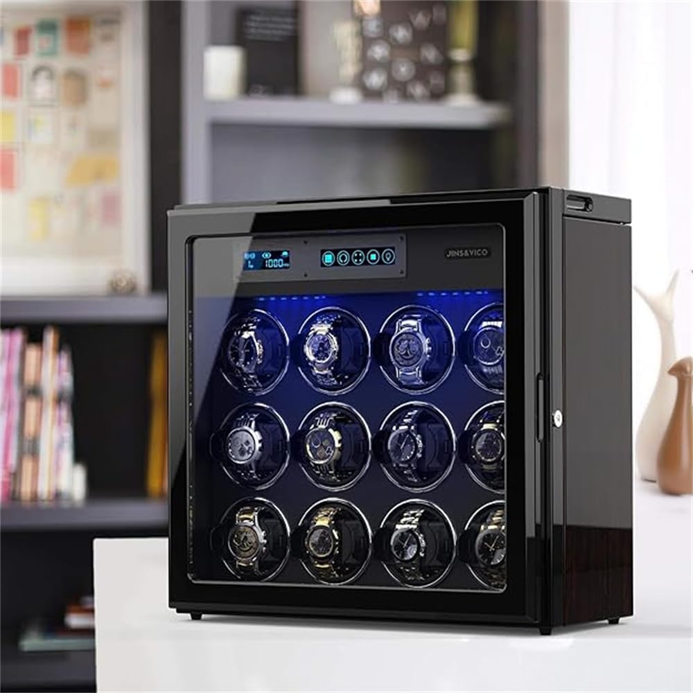 JINS&VICO Automatic Watch Winder for 12 Watches, 6 Storage Spaces, Adjustable Watch Pillows, Wooden Shell, Ultra-Silence, Black