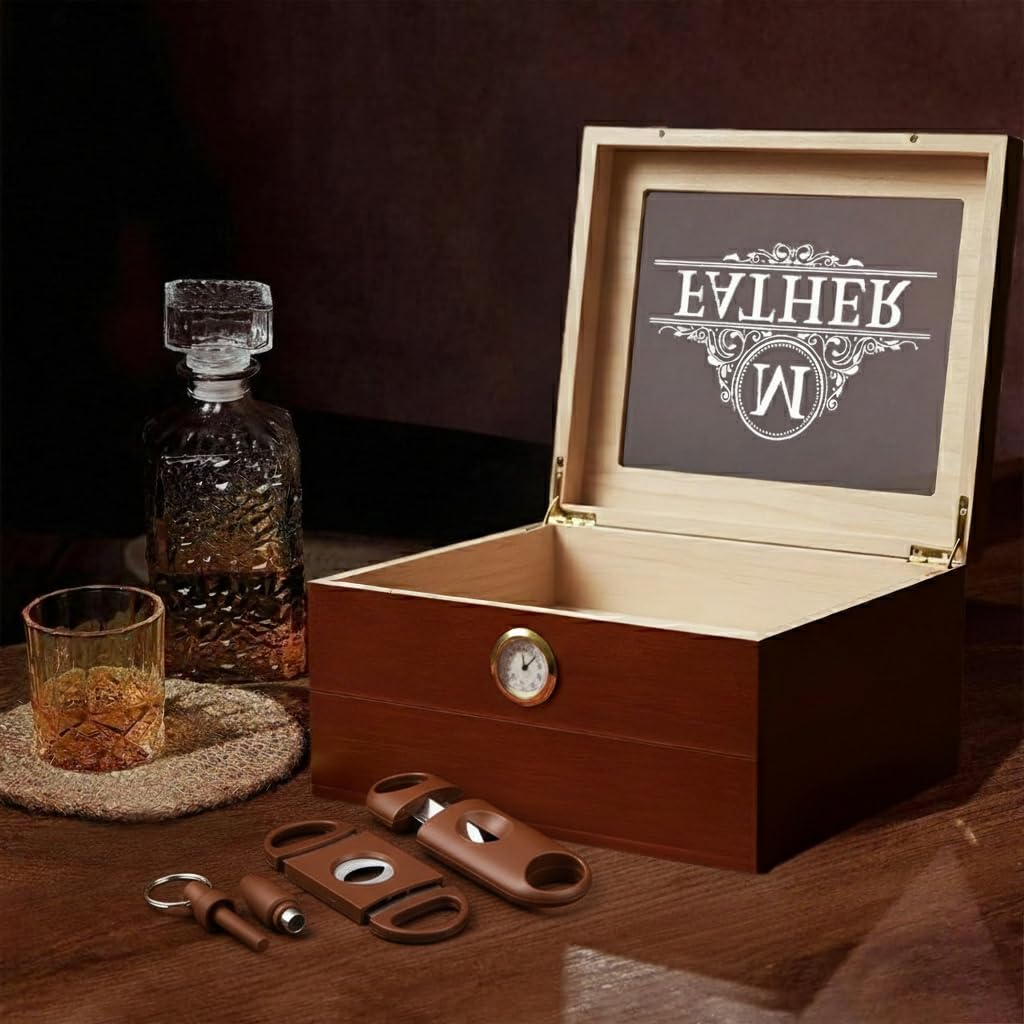 Custom Cigar Box Gift for Men/Women. Glass Top Tabletop and Storage Drawer with Hygrometer,Personalized Cigar humidor Gifts for Birthday/Valentine's Day/Father's Day-Engraving in the USA
