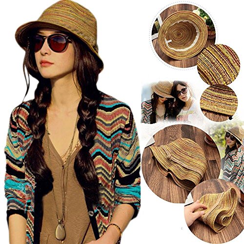 NPLE-Lady Panama Colorful Women Striped Foldable Straw Hat Beach Summer Sun