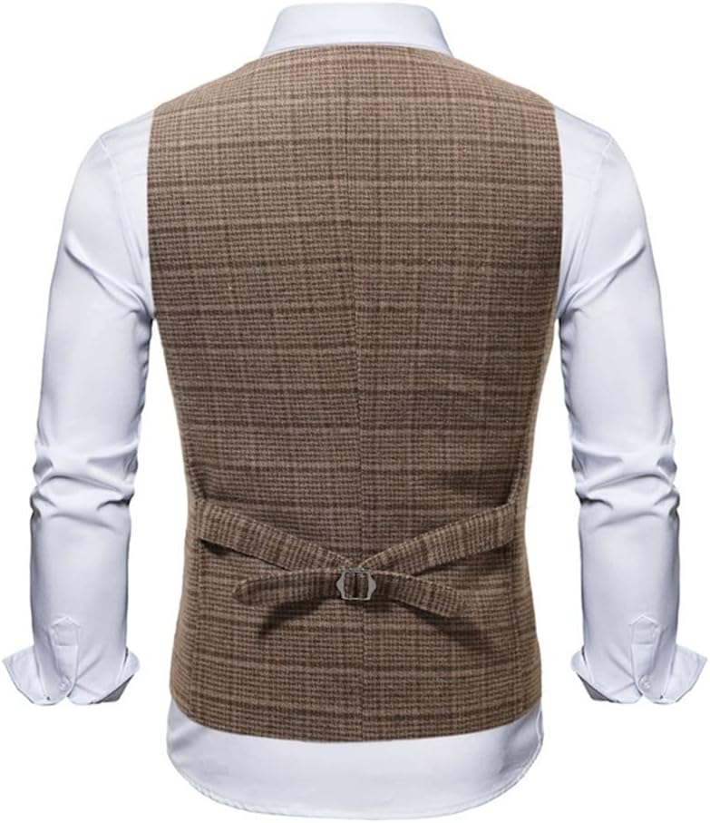Men's Vintage Plaid Dress Vest Slim V-neck Suit Formal Business