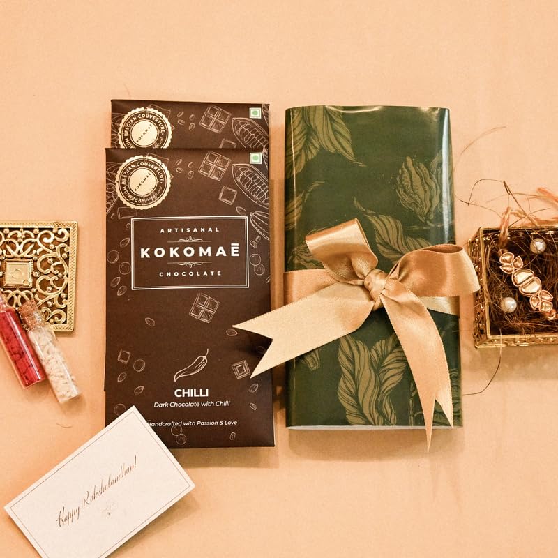 Kokomaē Handcrafted Rakhi Hamper with 2 Signature Belgian Chocolate bar and a Beautiful Rakhi I Belgian Chocolate made with pure Cocoa Butter I Best Premium Rakhi Gift Hamper for Brother, Sister