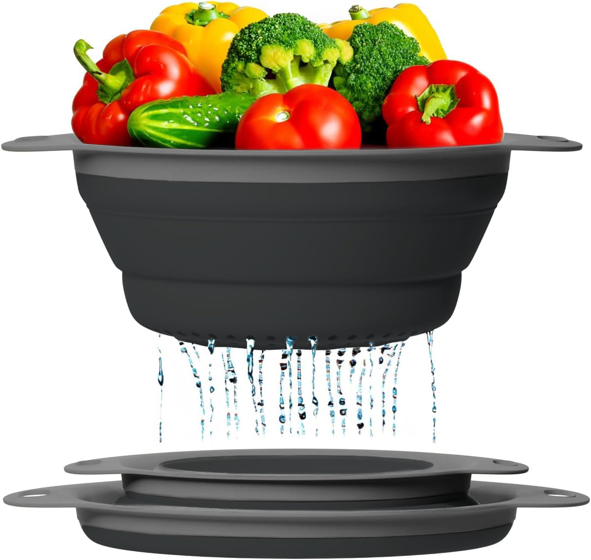 Comfify 2-Piece Black Colander Set - Space-Saving Collapsible Colanders and Sink Strainers for Kitchen - Includes 2 & 3 qt / 8" & 9.5" Sizes