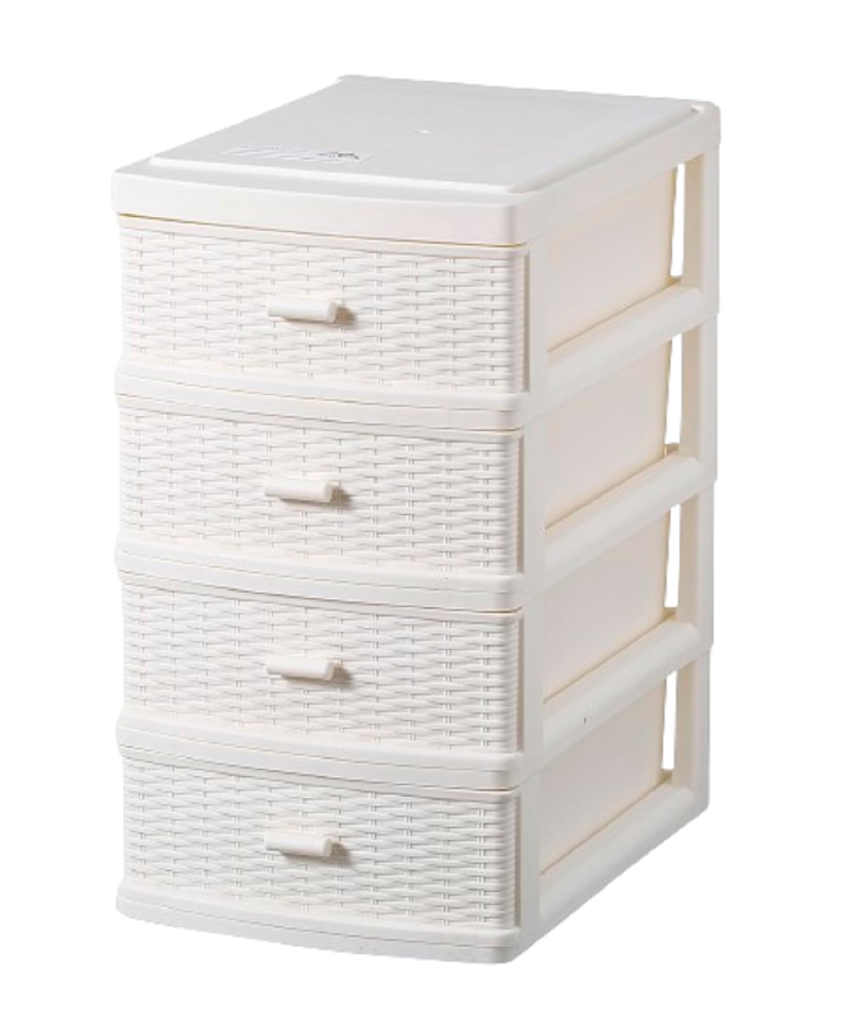 Plastic Storage Drawer Unit 4 Tier | Rattan Cream Storage Cabinet Chest Tower Trolley | Home Kitchen Office School Garage | 32 (Height) x 17.9 (Width) x 25.8 (Length) cm