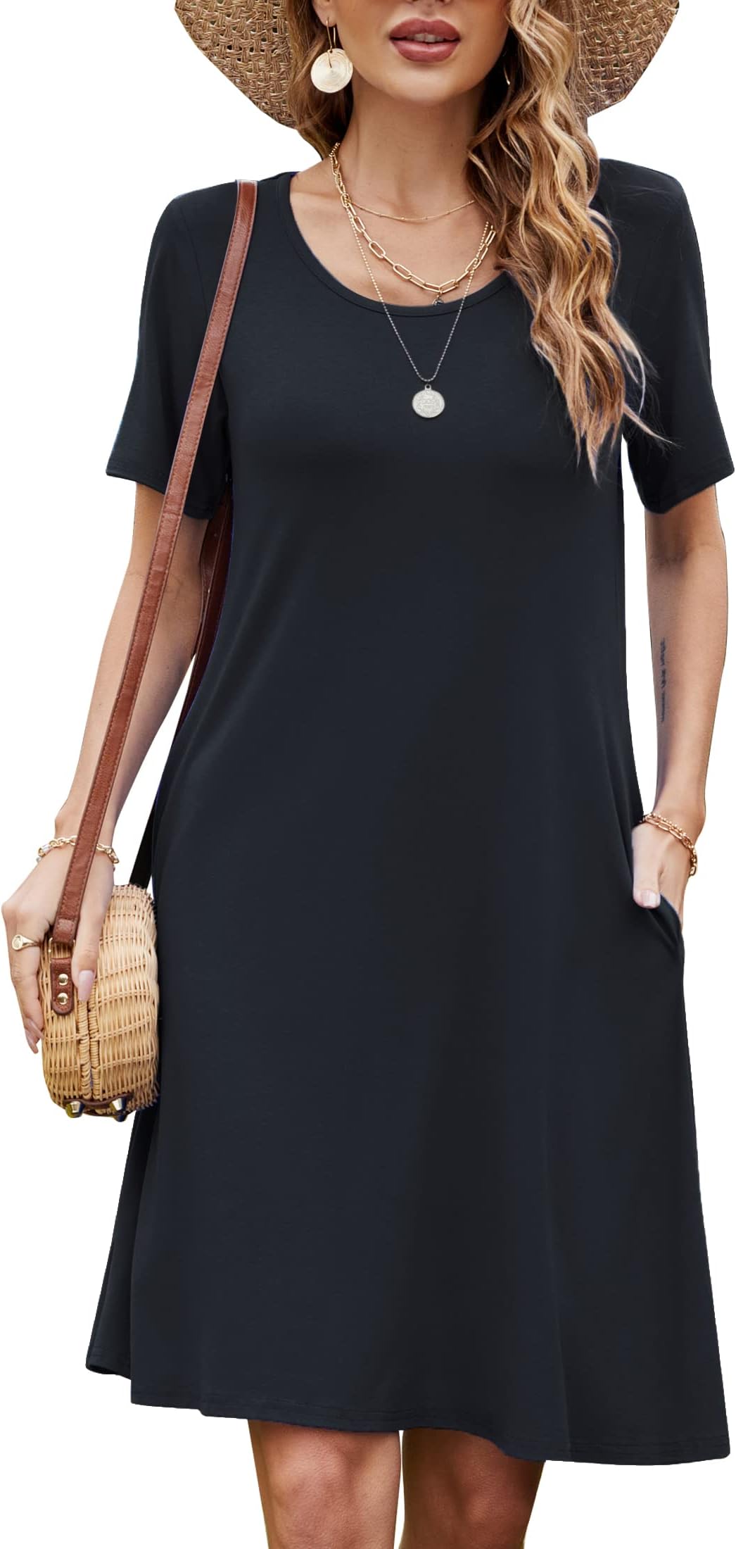 - Women's Casual Summer T Shirt Dresses Short Sleeve Swing Dress with Pockets