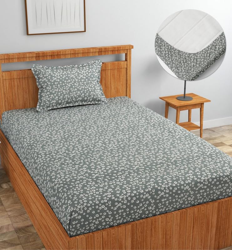 Image of NEW LEAF Premium Cotton Elastic Fitted Bedsheets with 1 Pillow Covers |Printed Single Bed Elastic 220 TC Supersoft Breathable & Wrinklefree | for 72x36+6 Inches, Grey