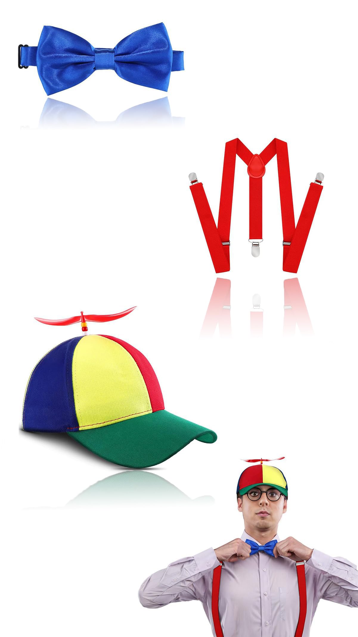 Sweet seven 3-Piece Funny Costume Set: Propeller Hat, Rainbow Top Hat Baseball Cap, and Bow Tie with Adjustable Suspenders - Adult Men and Women's Party Accessories