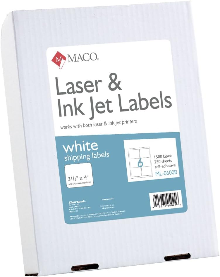 MACO Laser/Ink Jet White Shipping Labels, 3-1/3 x 4 Inches, 6 Per Sheet, 1500 Per Box (ML-0600B) : Industrial & Scientific