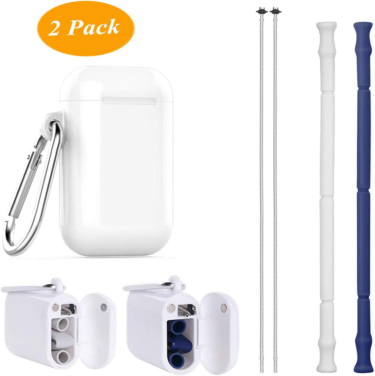 2 Pack Collapsible Reusable Straw, Food-grade Silicone, Portable Set with Hard Case Holder and Cleaning Brush, For Party, Travel, Household, Outdoor, etc (Navy+Grey)