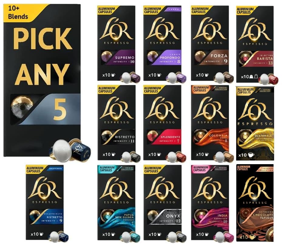 Coffee Pods/Capsules, Nespresso Compatible, Pick Any 5 Packs (Total 50 Coffee Pods) - Decaf, Colombia, Ristretto, Splendente, Forza, Profondo, Supremo