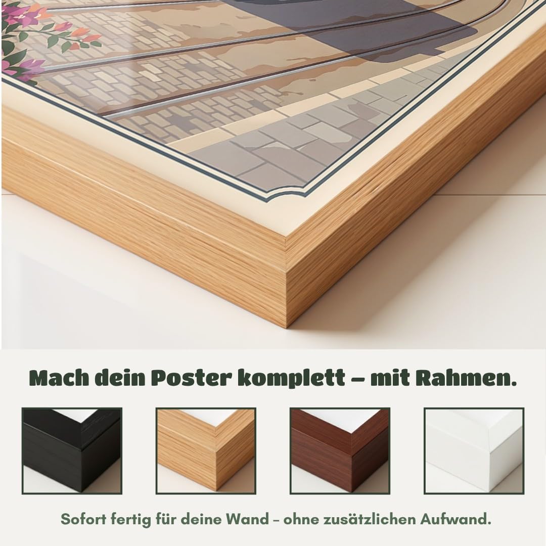 MJ-GRAPHICS® Wandbild Hafen Tram Poster Port Soller Kunstdruck mediterran Bilder Landschaft Deko Sommer Stadtbild Palmen Wanddeko Wohnzimmer Retro Vintage 50x70 mit weißem Rahmen