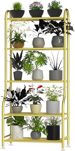 Miniatura 10 de Soporte de metal para plantas de 5 niveles para interiores y exteriores, soporte de flores impermeable para múltiples macetas, soportes resistentes