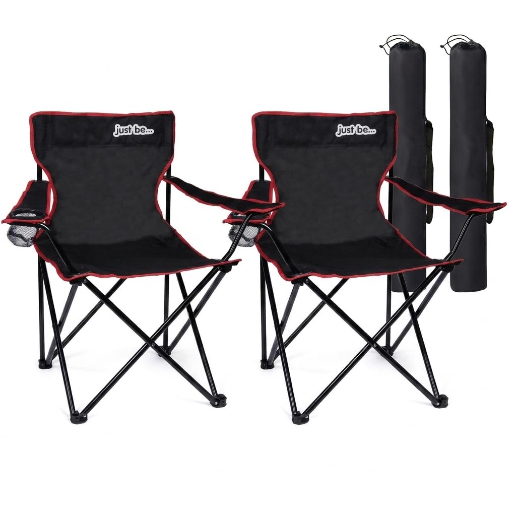 just be... Camping Chair (2 Pack) – Lightweight, Foldable & Portable Outdoor Seat with Armrests, Cup Holder & Carry Bag | For Adults & Kids | Garden, Beach, Festival & Fishing – Black/Red Trim