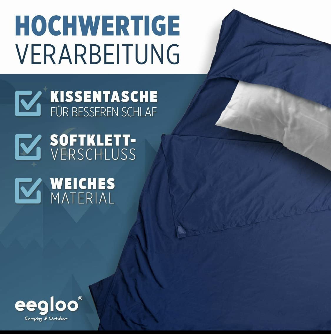 Hüttenschlafsack Berghüttenschlafsack Hostel Karabiner Schlafsack Camping leicht 190g Netzbeutel 220 x 70cm Navy Blau
