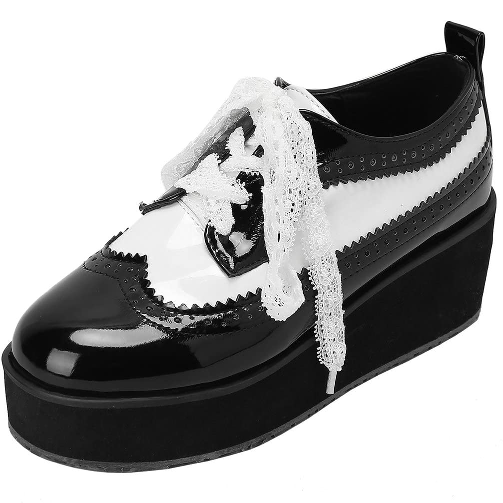 KOKOMOMO Womens Wingtip Platform Wedge Oxfords Heels Patent Leather Oxford Brogues Shoes High Heel Vintage Sneakers