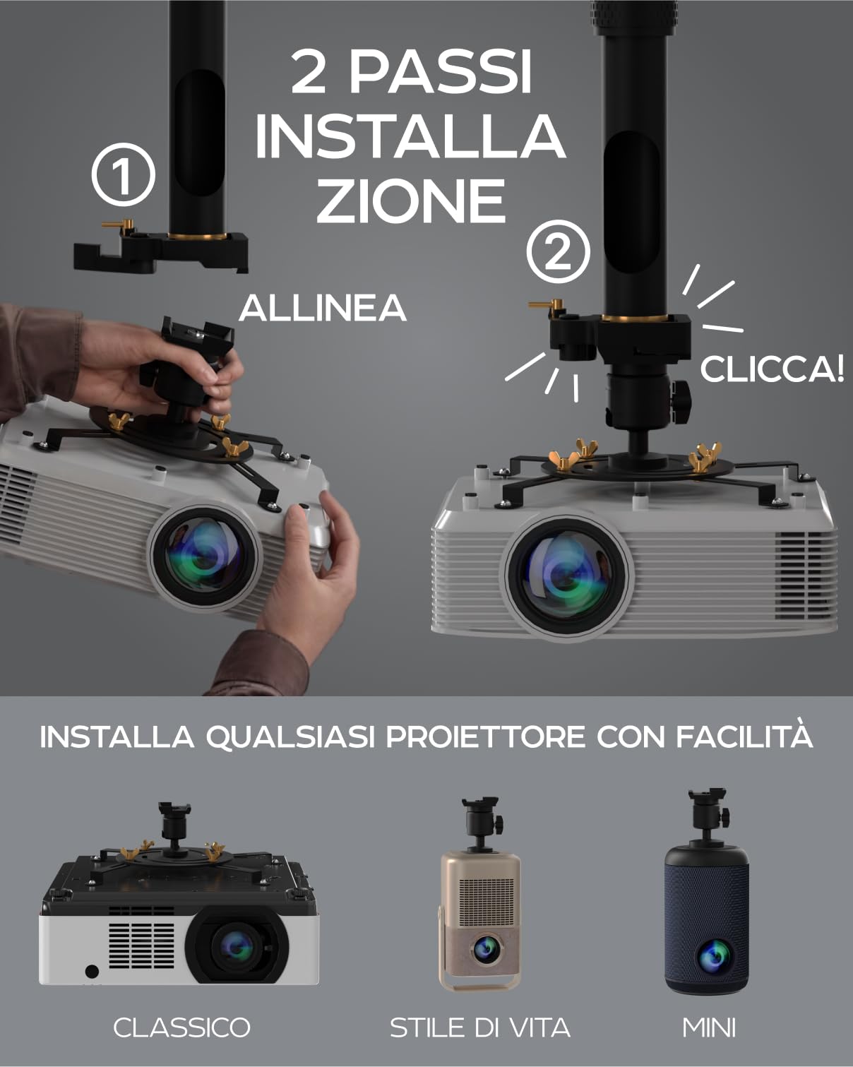 Supporto universale per proiettore PropVue - Supporto regolabile a soffitto o a parete per mini proiettori da ufficio e per la casa - Facile installazione, girevole a 360°, lunghezza da 35 a 53 cm