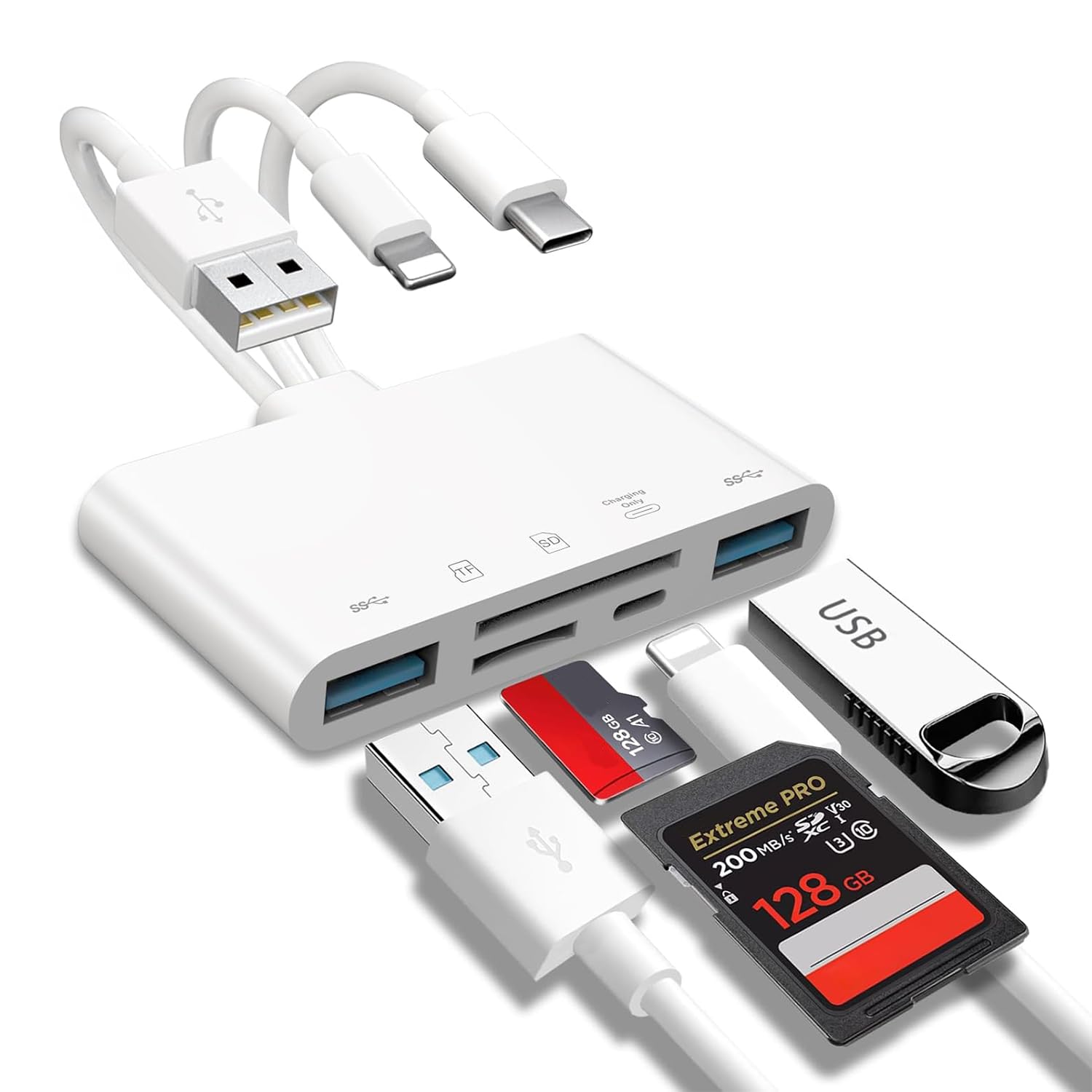 5-in-1 Memory Card Reader for Camera, USB OTG Adapter & SD Card Reader for iPhone 16 15 14 13 iPad Laptop, USB C & USB A Connector with Micro SD & SD Card Slots, Supports Fast Charging
