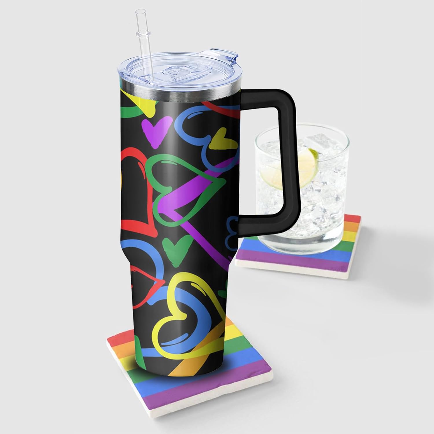 40oz Rainbow Tumbler With Handle and Straws, Gifts For Gays Lesbian LGBTQ, Gay Pride Flag Coffee Mug Water Bottle, LGBT Stainless Steel Insulated Cup,Valentines Birthday Gift