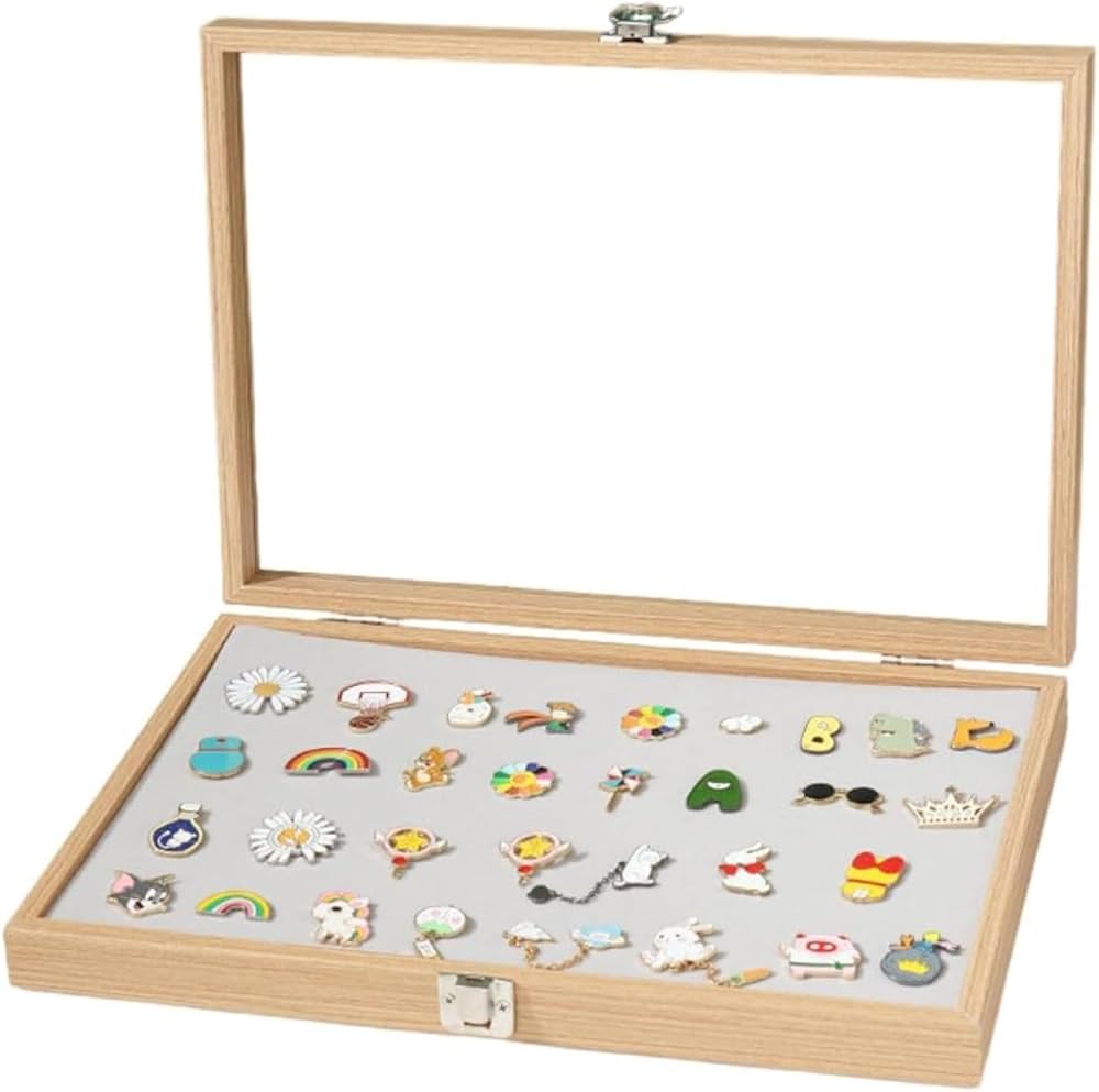 Amazon | Kisigim ピンバッジ ケース,透明窓木製ピンディスプレイ
